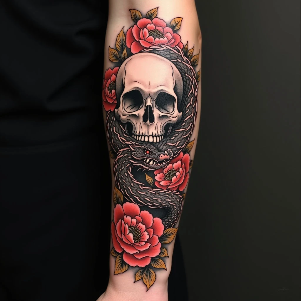 Intricate Japanese Irezumi Skull and Dragon Forearm Tattoo