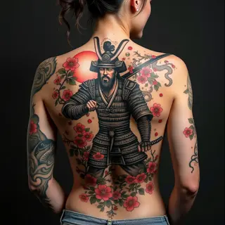 Intricate Japanese Irezumi Warrior Back Tattoo