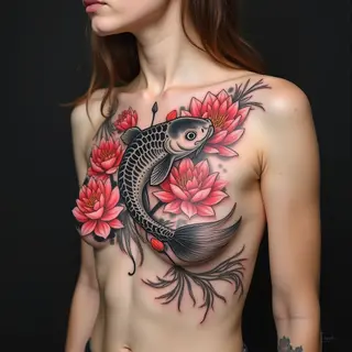 Koi Fish and Lotus Flower Chest Tattoo in Japanese Style