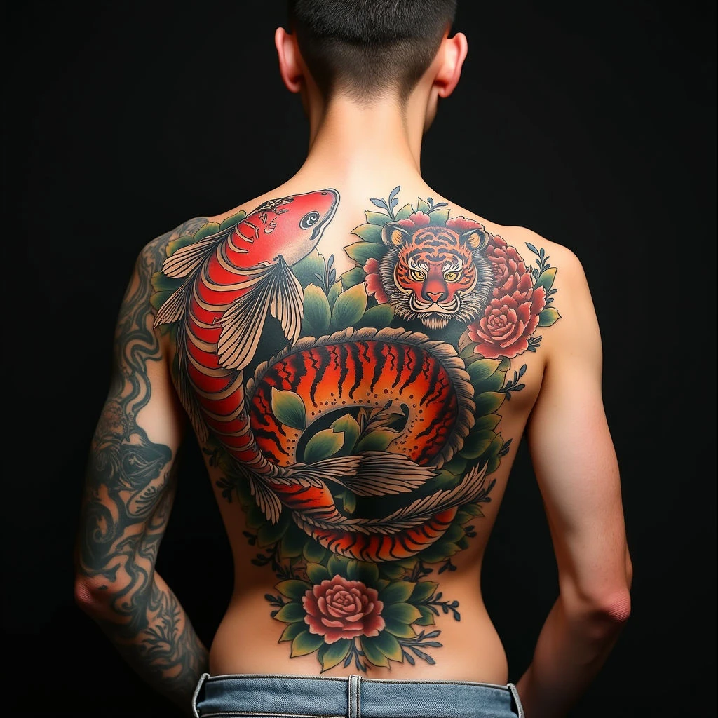 Majestic Japanese Back Piece: Koi, Tiger & Dragon