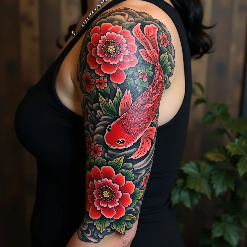 Intricate Japanese Floral Sleeve Tattoo