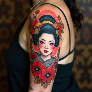 Elegant Geisha Tattoo in Japanese Traditional Style