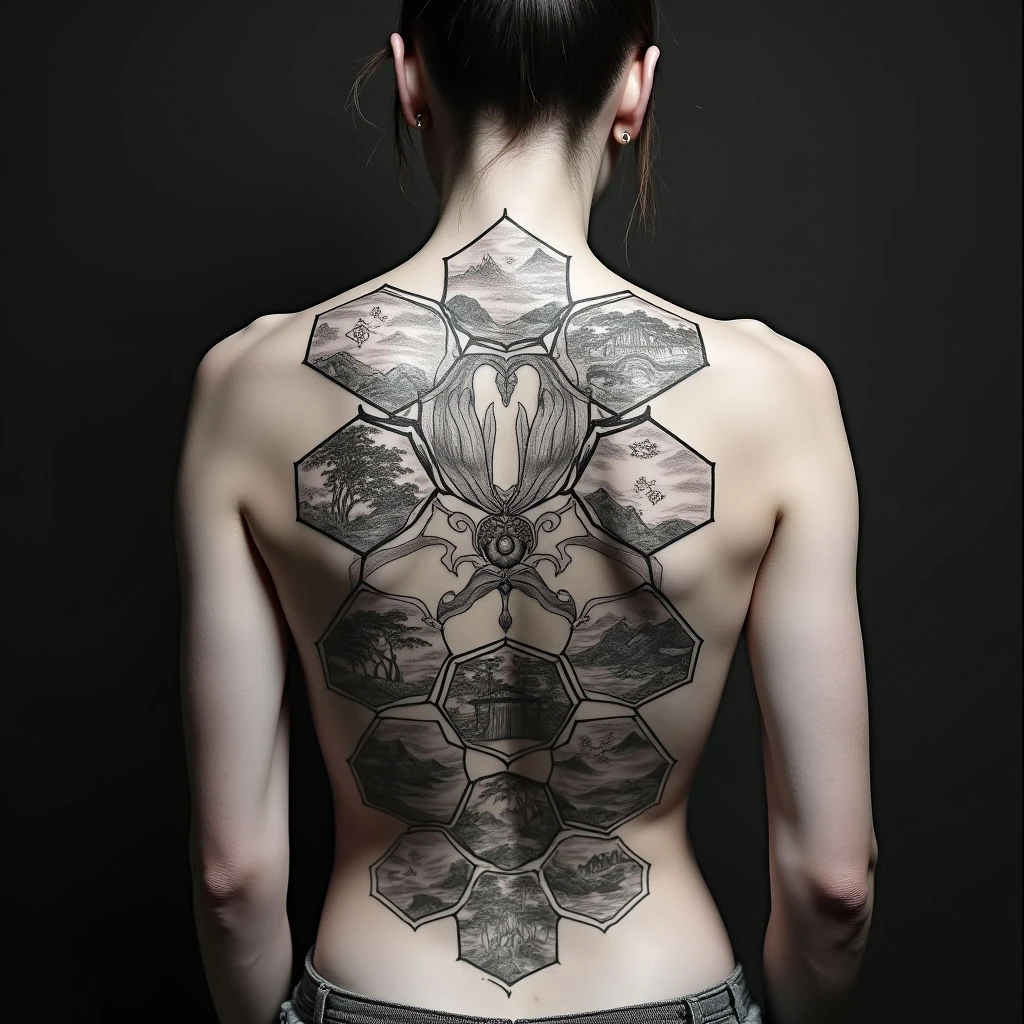 Intricate Japanese Geometric Back Tattoo