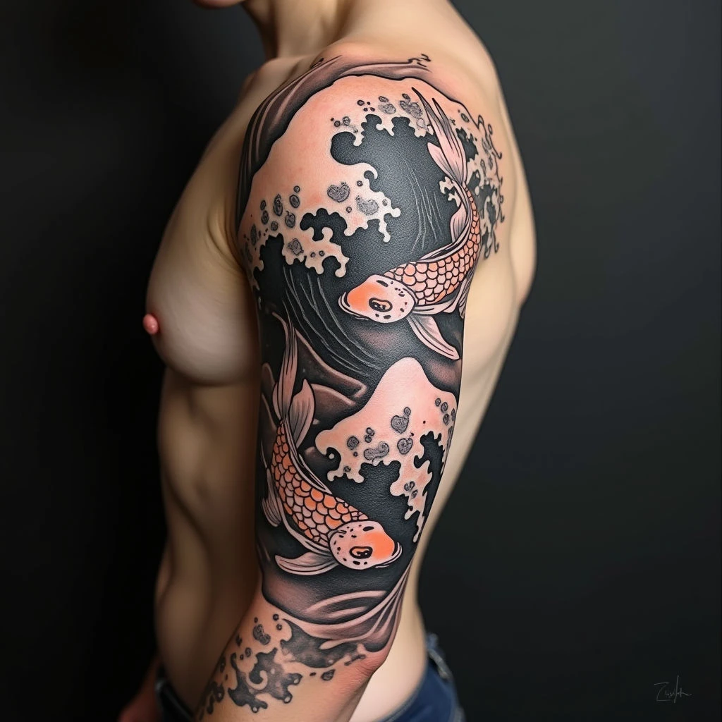 Flowing Koi and Waves: A Japanese Sleeve Tattoo