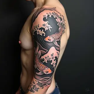 Flowing Koi and Waves: A Japanese Sleeve Tattoo