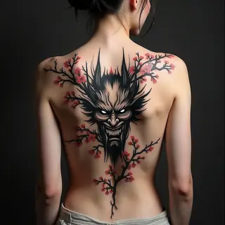 Intricate Japanese Back Tattoo: Demon and Cherry Blossoms