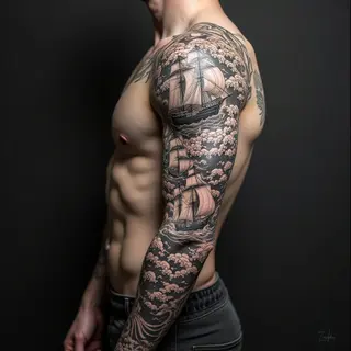 Intricate Japanese Nautical Sleeve Tattoo