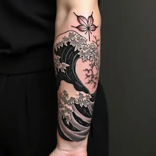 Japanese Maple Leaf and Wave Tattoo Design