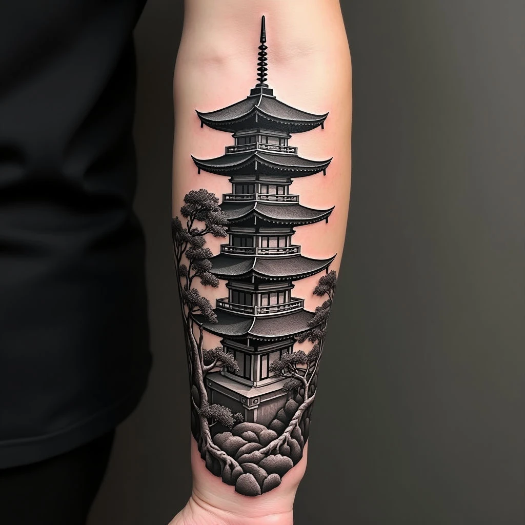 Detailed Japanese Pagoda Tattoo on Forearm
