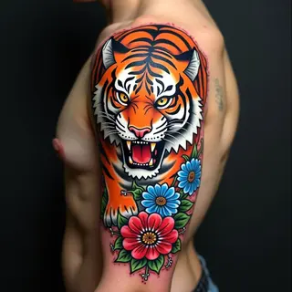 Powerful Japanese Tiger Sleeve Tattoo
