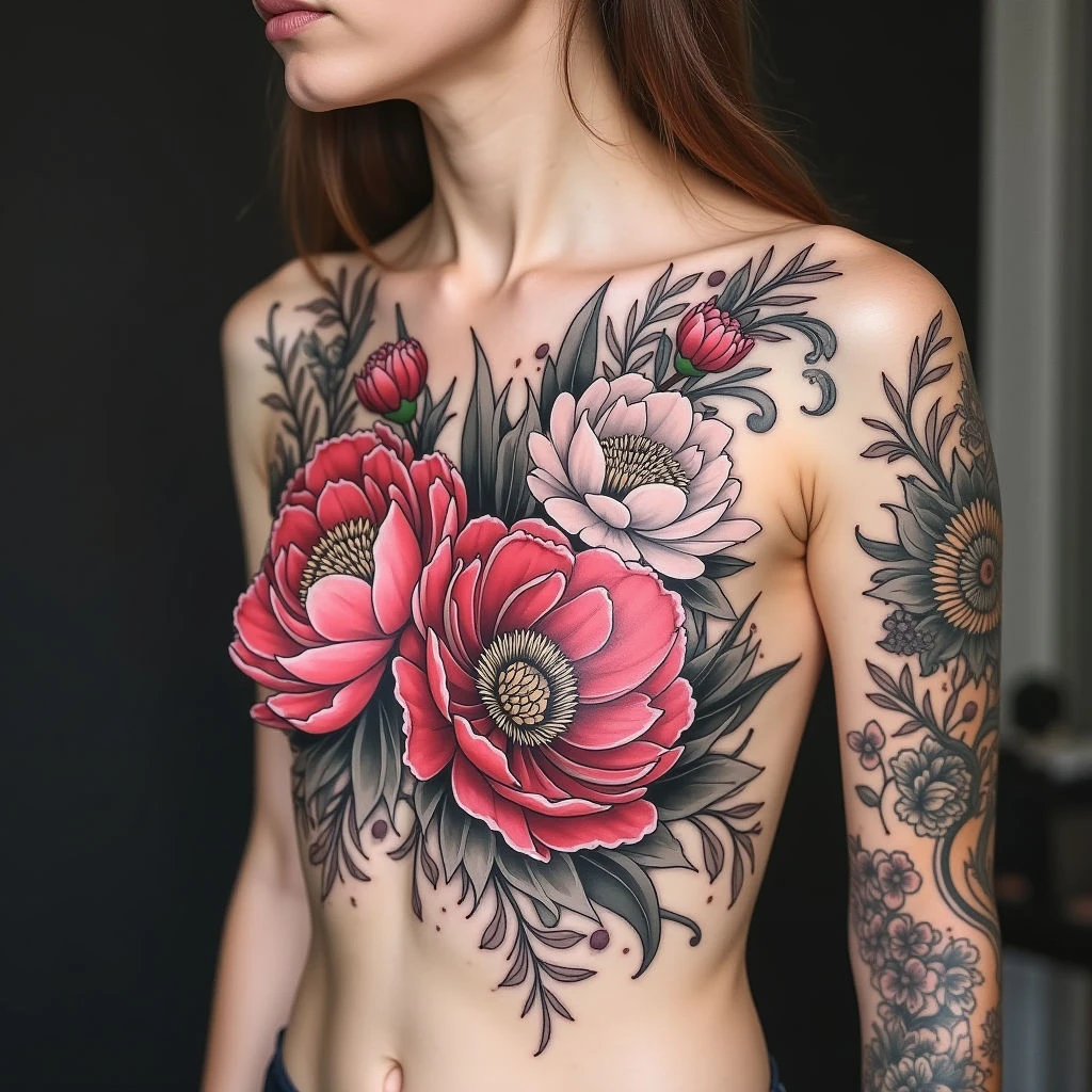 Japanese Traditional Chest Tattoo: Peony and Floral Design