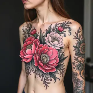 Japanese Traditional Chest Tattoo: Peony and Floral Design