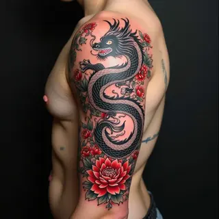 Intricate Japanese Dragon and Koi Tattoo Sleeve