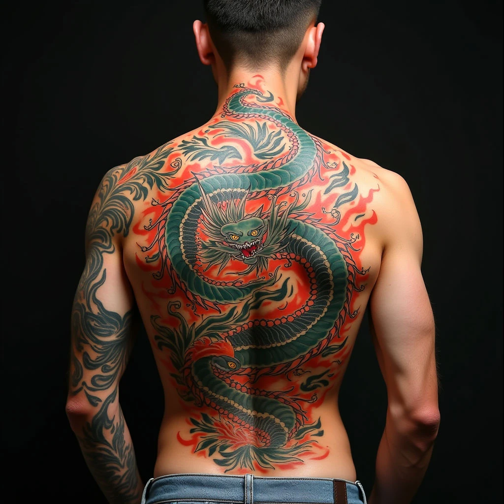 Full Back Japanese Dragon Koi and Phoenix Tattoo