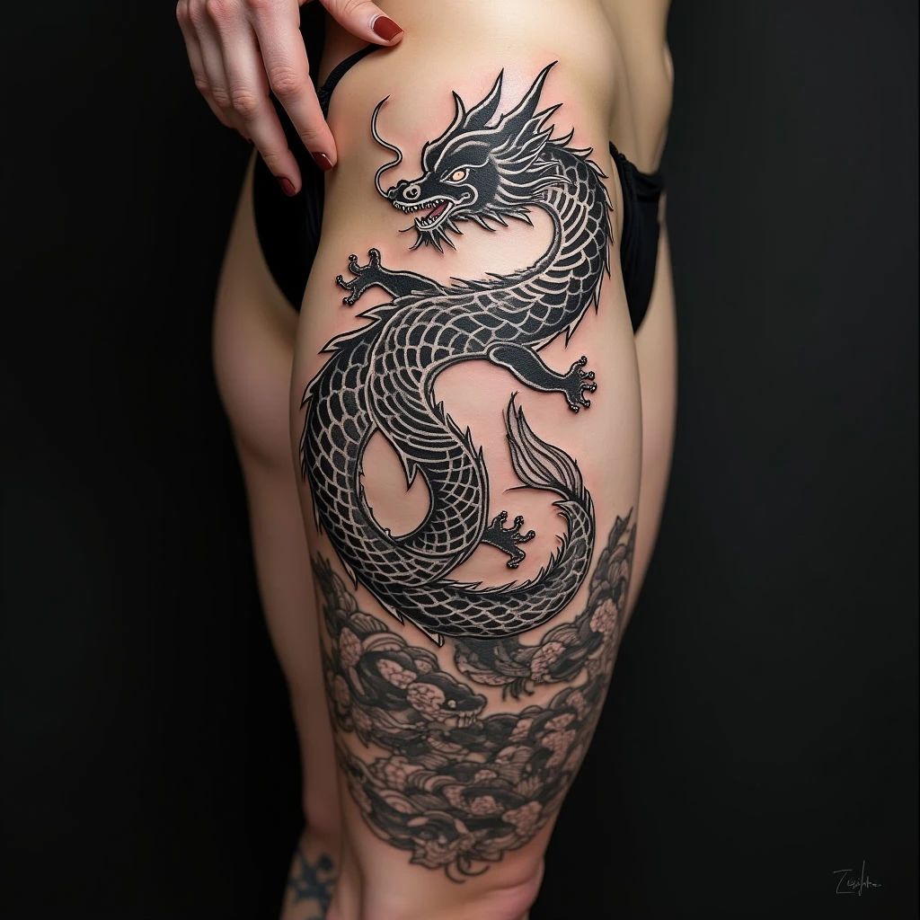 Dynamic Dragon and Koi Tattoo on Thigh