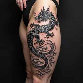 Intricate Japanese Dragon and Koi Tattoo on Thigh