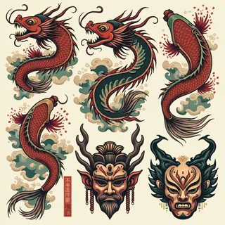 Japanese Traditional Tattoo Flash Sheet: Dragons, Koi & Masks