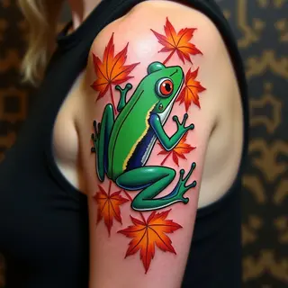 Japanese Frog and Maple Leaf Tattoo on Shoulder