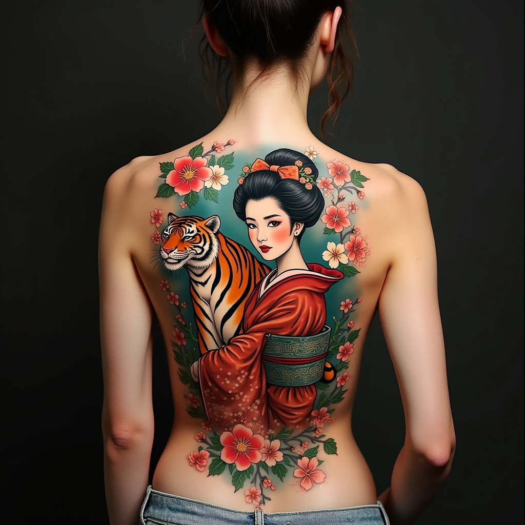 Full Back Japanese Traditional Tattoo: Geisha and Tiger Motif