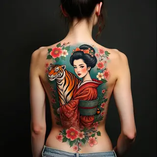 Full Back Japanese Traditional Tattoo: Geisha and Tiger Motif