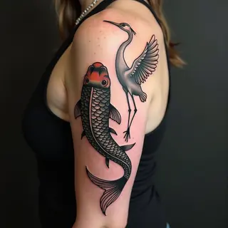 Koi and Crane Japanese Traditional Tattoo
