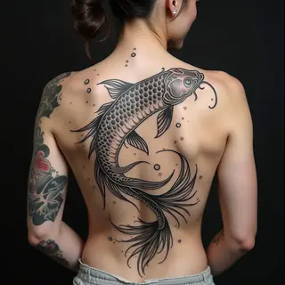 Majestic Koi and Dragon Back Tattoo in Traditional Japanese Style
