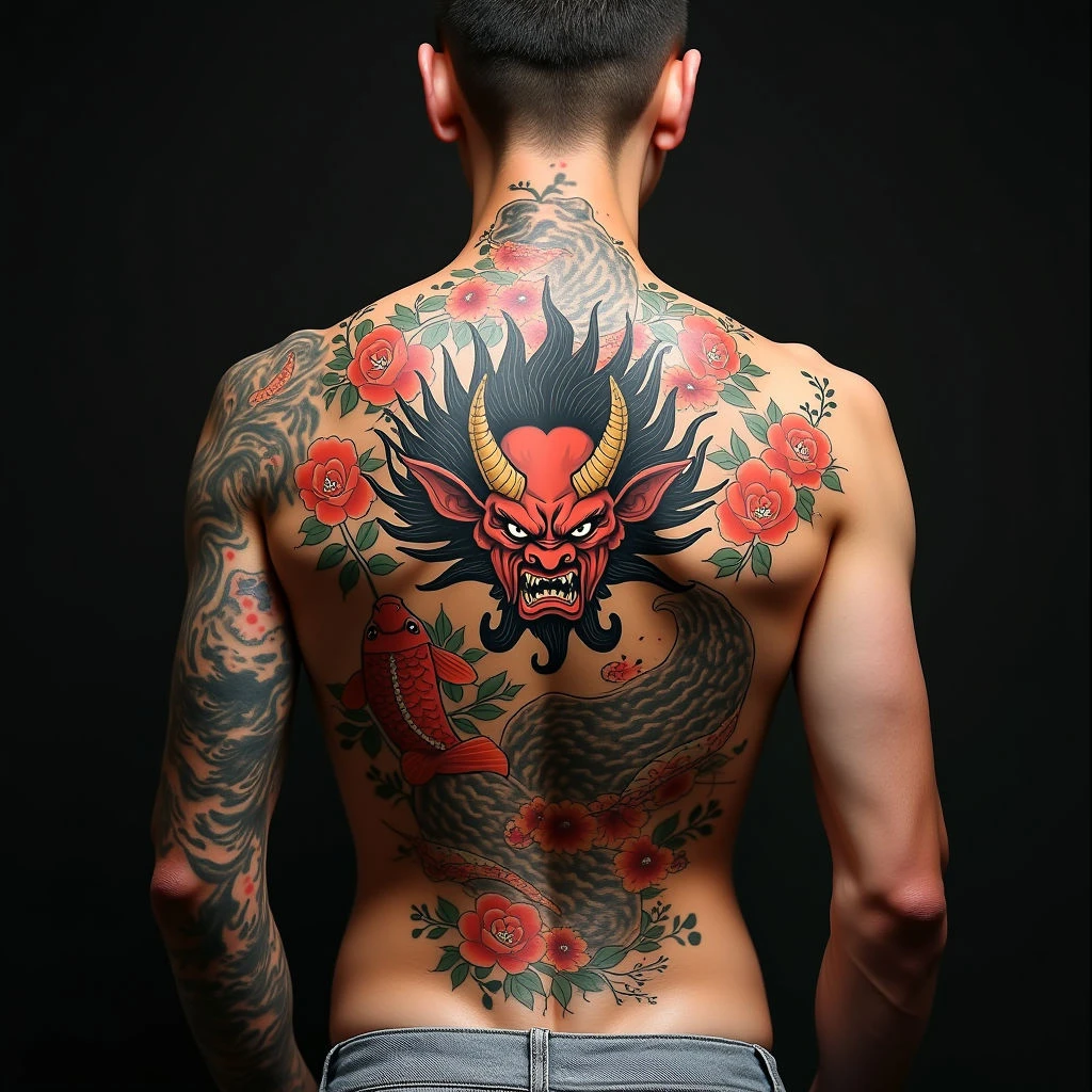 Full Back Japanese Oni Tattoo with Koi and Floral Elements