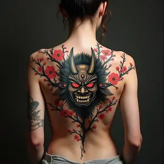 Intricate Oni Mask and Cherry Blossom Back Piece - Japanese Irezumi
