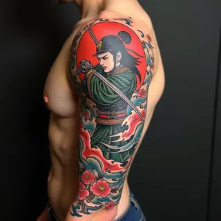 Dynamic Samurai Sleeve Tattoo in Traditional Japanese Style