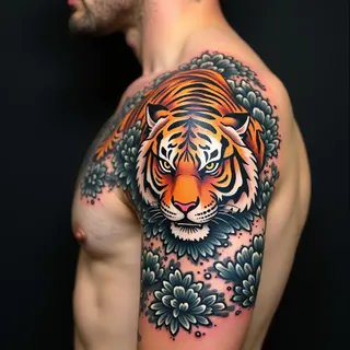 Majestic Tiger Shoulder Tattoo in Traditional Japanese Style