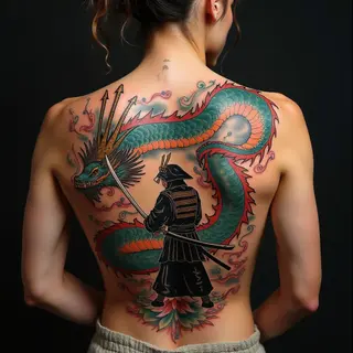 Dynamic Japanese Warrior and Dragon Back Tattoo