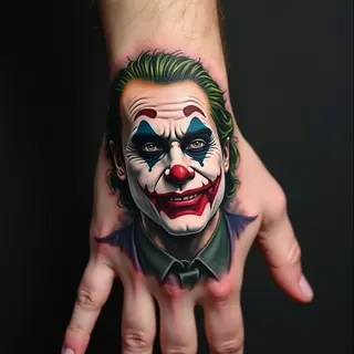 Intricate Joker Portrait Tattoo on Hand