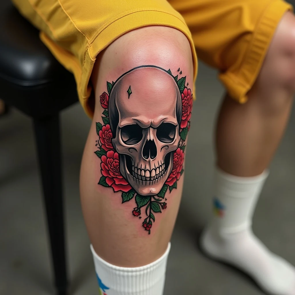 Traditional Knee Tattoo: Skull and Rose Design