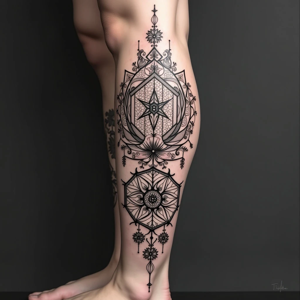 Geometric Mandala Leg Sleeve Tattoo Design