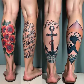 Diverse Leg Tattoo Inspirations: Floral, Script, Nautical & Wave Designs