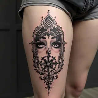 Geometric Leg Tattoos: Eye, Portrait & Compass Designs