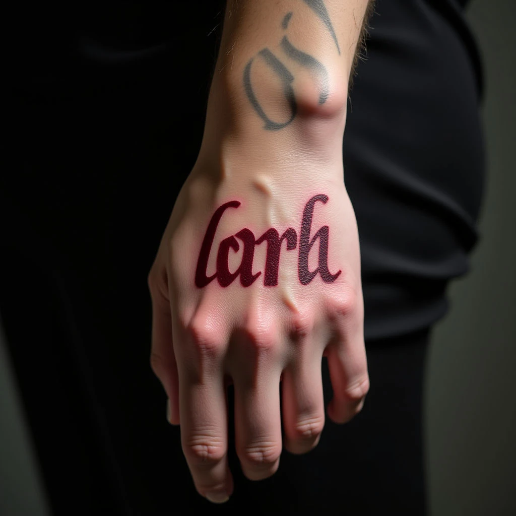 Tiny Red Biomechanical Hand Lettering Tattoos
