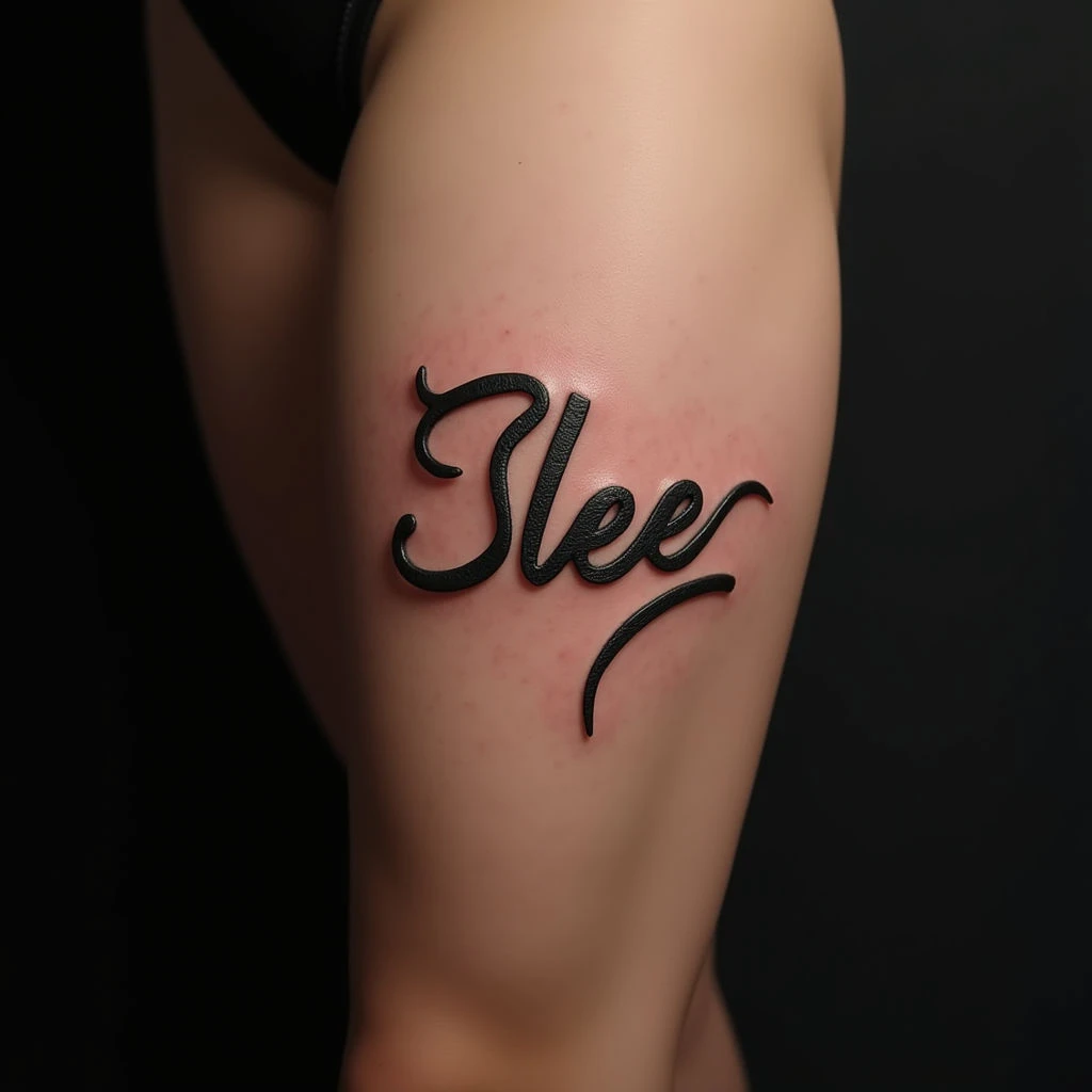 Elegant Name Tattoo on Thigh in Blackwork Violet