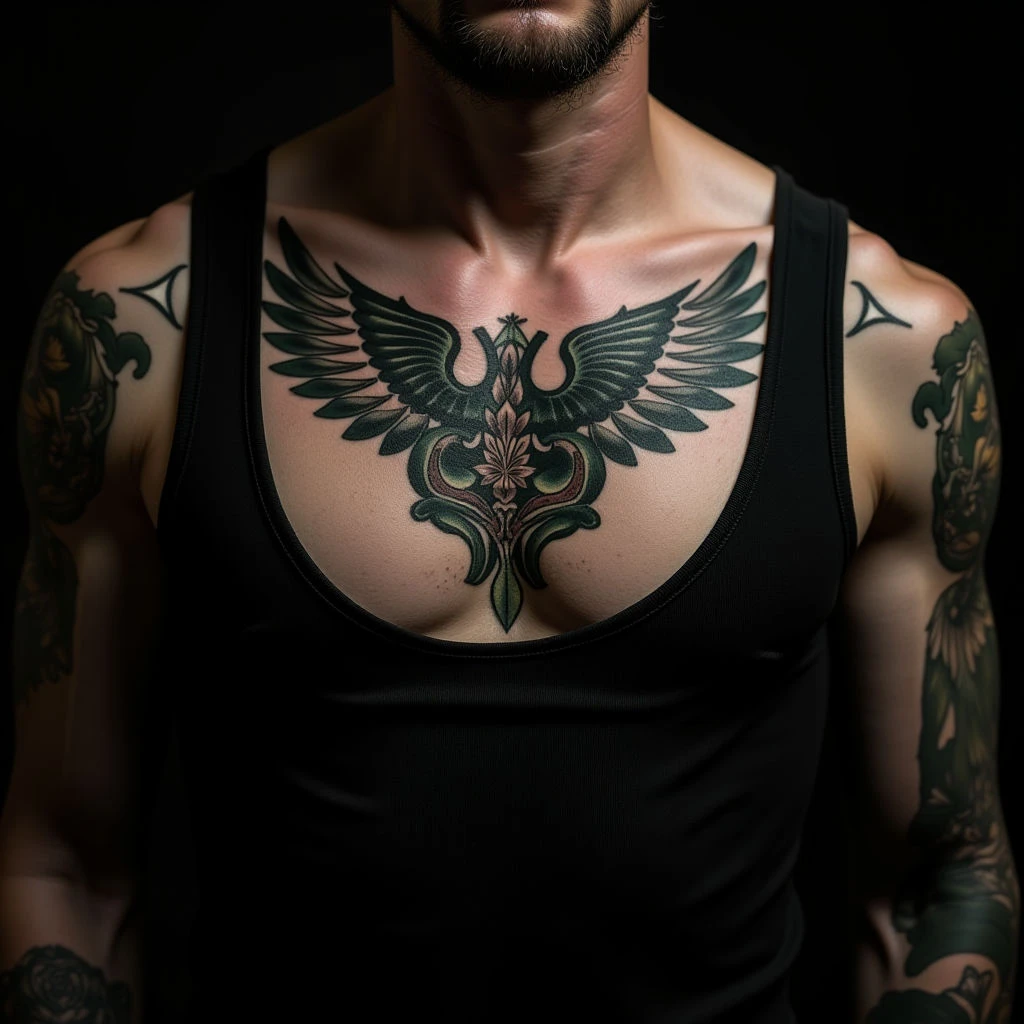 Green Ornamental Name Tattoo on Chest for Men