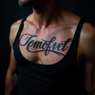 Bold Chest Word Tattoos for Men: Linework in Blue & Gold