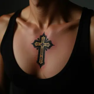 Neo-Traditional Cross Tattoos with Names - Golden Chest Piece Inspiration