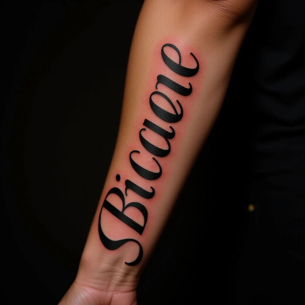 Realistic Full Sleeve Name Tattoo Designs in Brown & Red Tones
