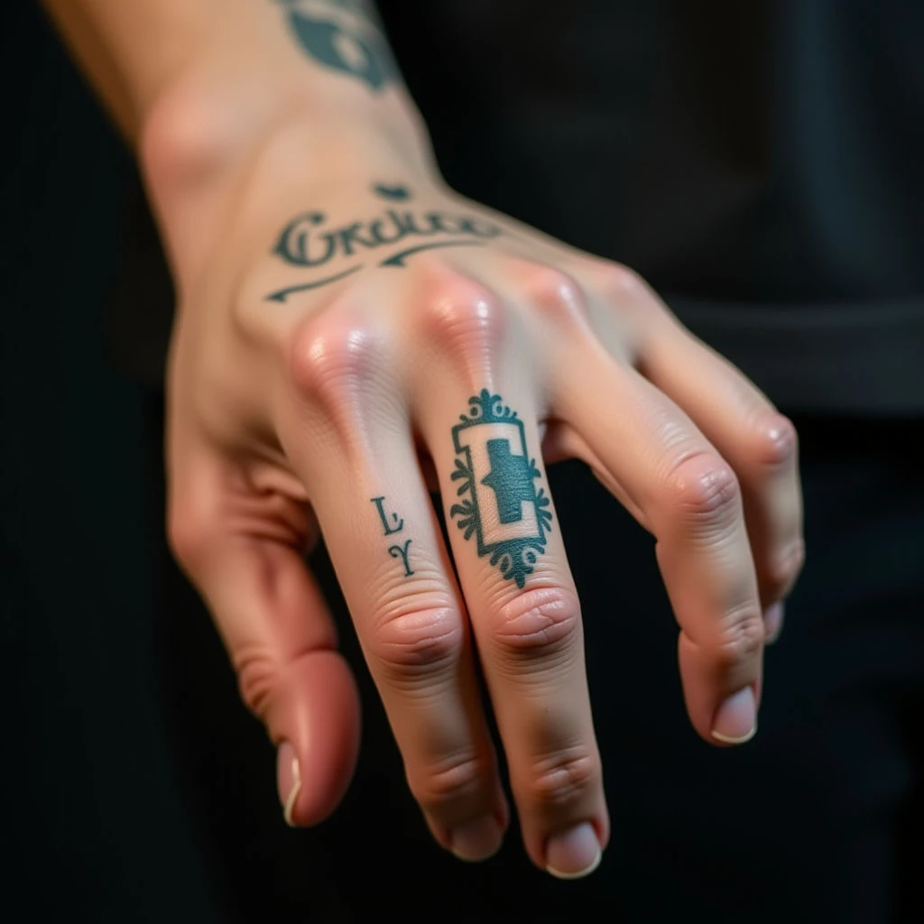 Stunning Finger Name Tattoos: Illustrative Blue & Green Designs