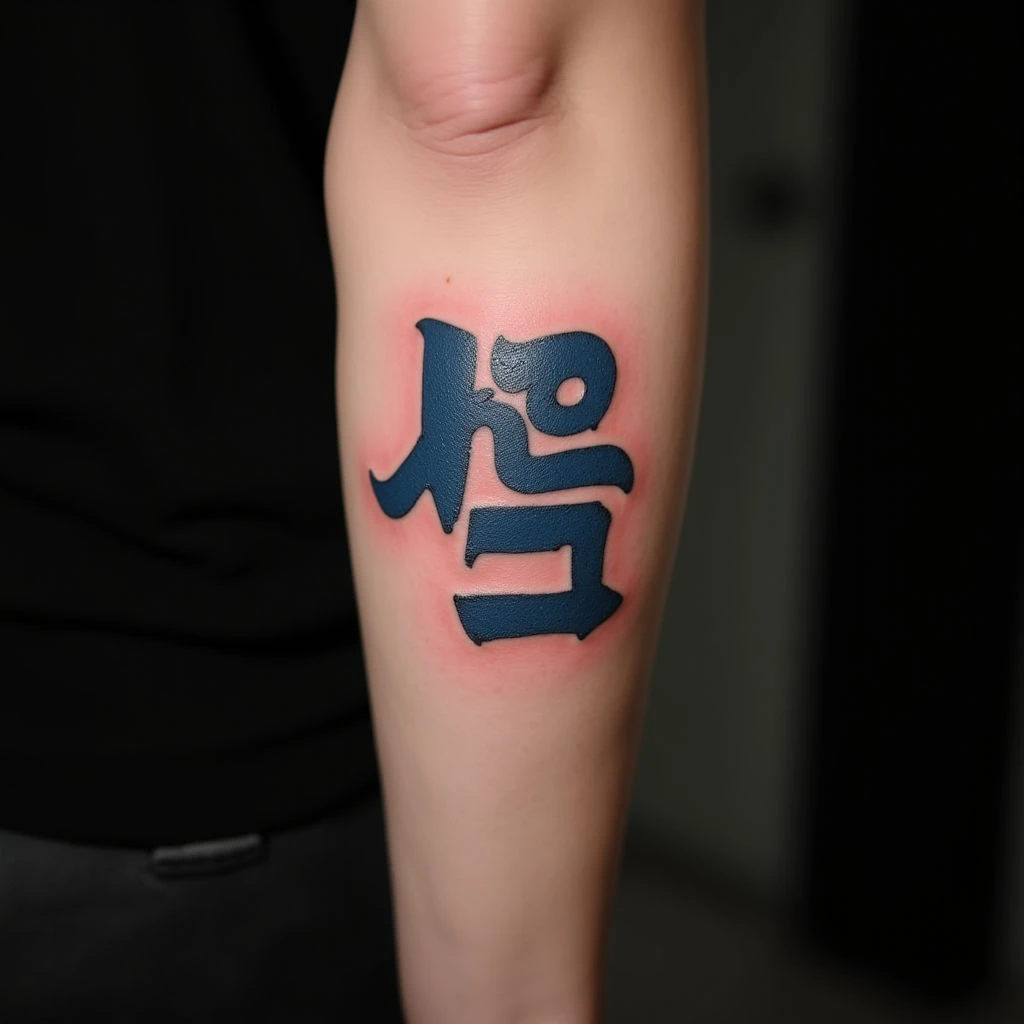 Beautiful Korean Name Tattoos on the Arm (Realistic Blue Ink)