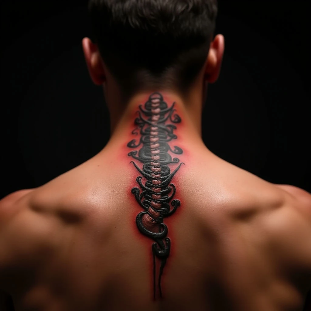 Powerful Name Neck Tattoos for Men: Illustrative Spine Designs