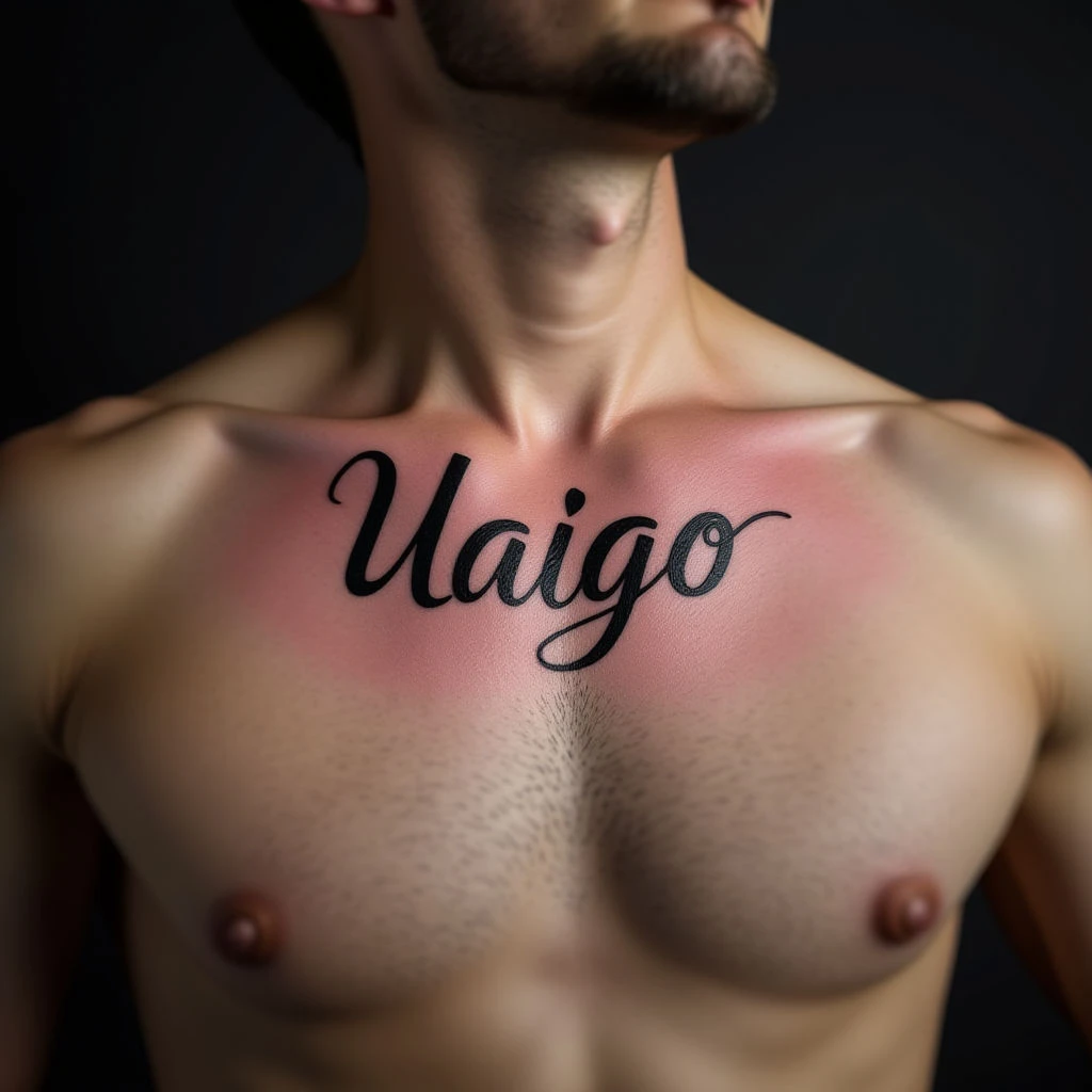 Elegant Pink Name Tattoo on Collarbone for Men