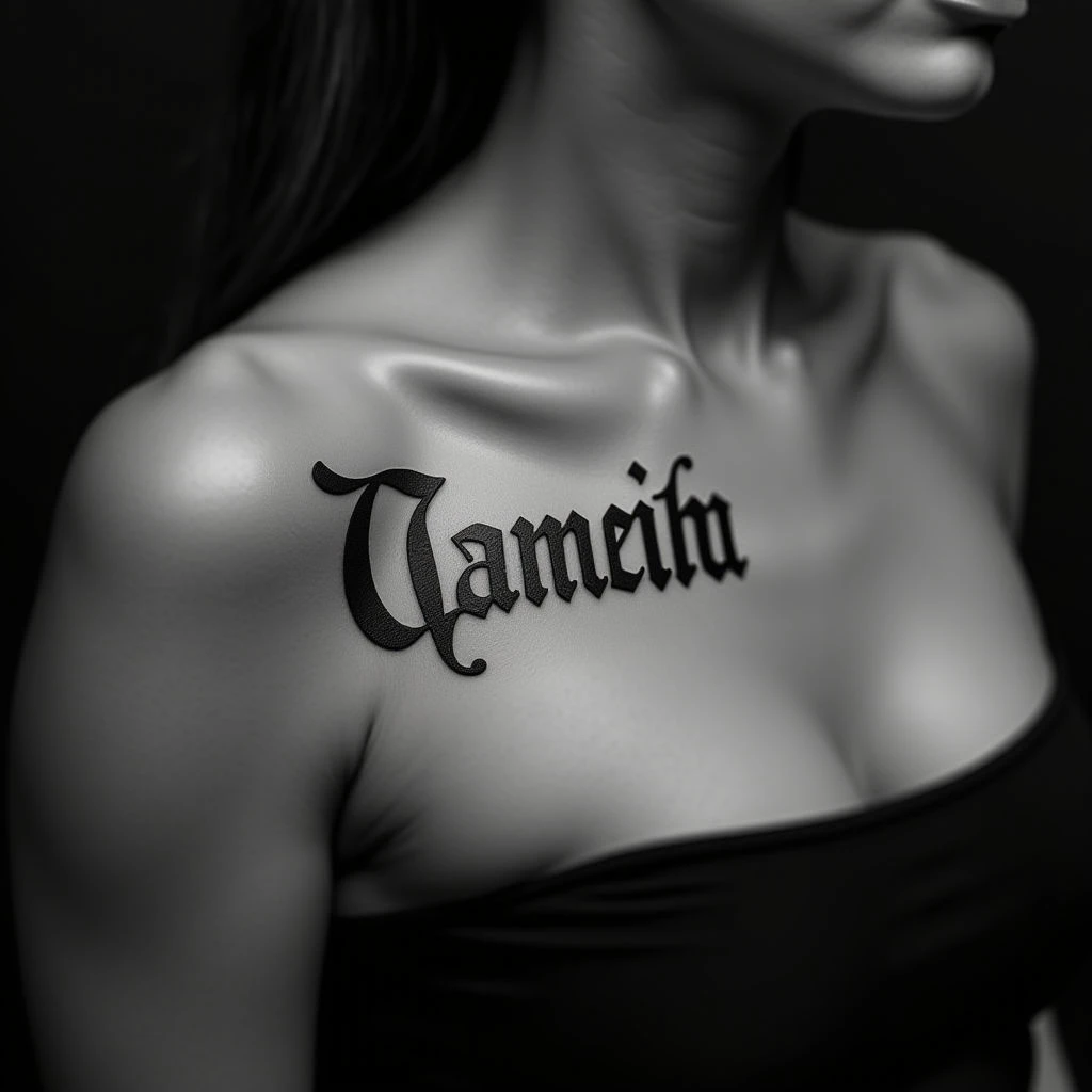 Gothic Name Tattoos for Men on the Collarbone