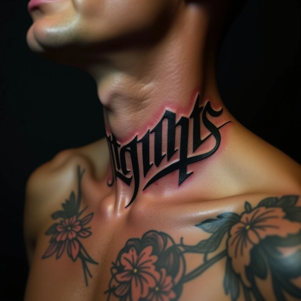 Bold Trash Polka Lettering Tattoos for Men on the Neck