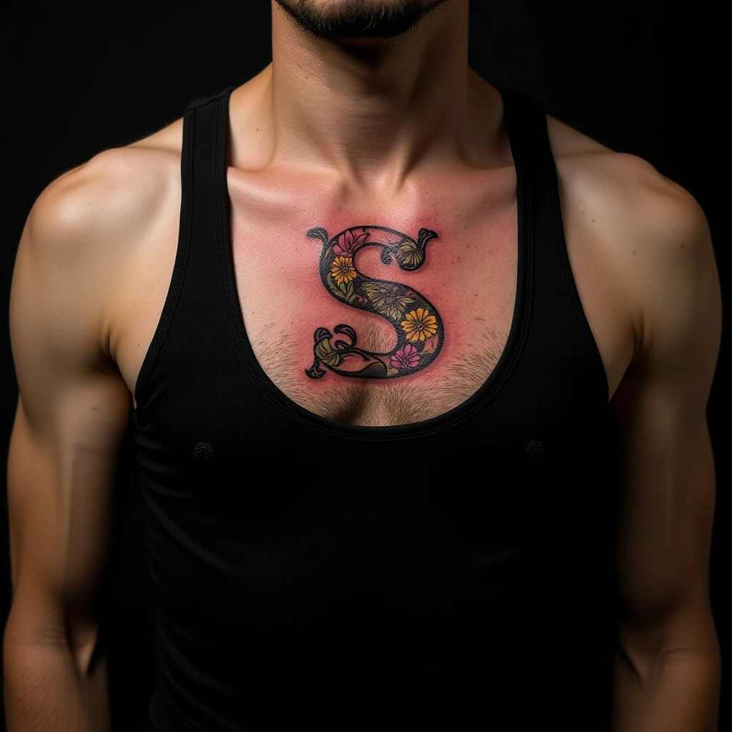 Letter 'S' Tattoos: Bold Chest Designs in Realism
