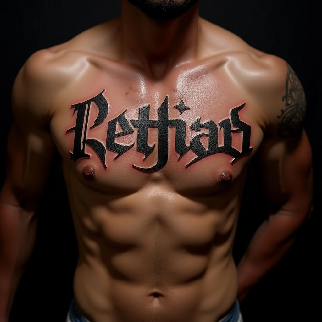 Surreal Metallic Name Tattoos for Men on the Chest Ribcage